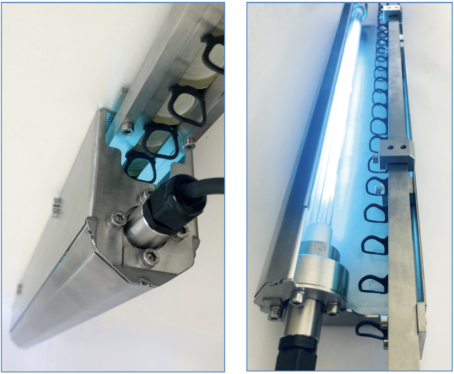 UV-C lamp for closure disinfection with support, housing and electrical connection to our panel